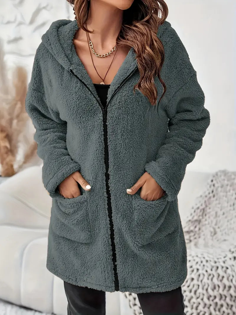 Manteau à capuche en peluche avec poches à patchs et fermeture éclair élégante pour femmes | STYLE, CONFORT, CHALEUR