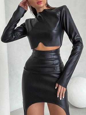 Ensemble deux pièces moulant à empiècements, à col rond, à fermeture éclair, taille haute, couleur unie – t-shirt + jupe + bas
