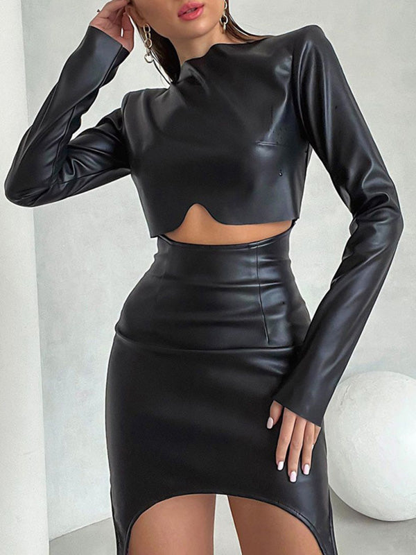 Ensemble deux pièces moulant à empiècements, à col rond, à fermeture éclair, taille haute, couleur unie – t-shirt + jupe + bas