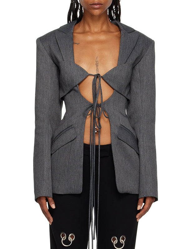 Blazer ample noué à manches longues, à poches, à col cranté, couleur unie