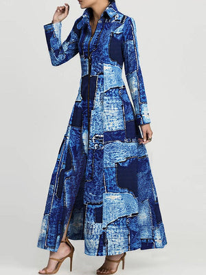 Robe chemise imprimée à manches longues, à fermeture éclair, à col revers