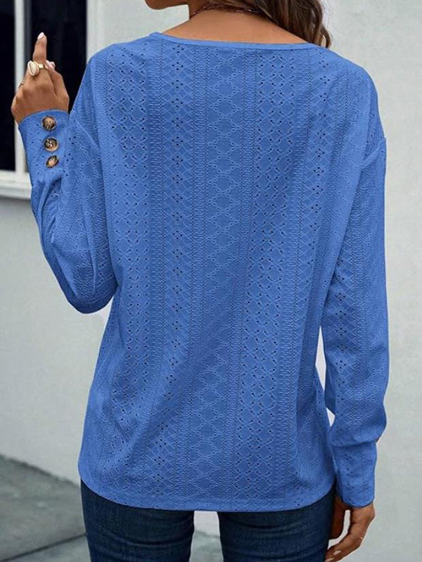 T-shirt ample boutonné à manches longues, à col en V, couleur unie