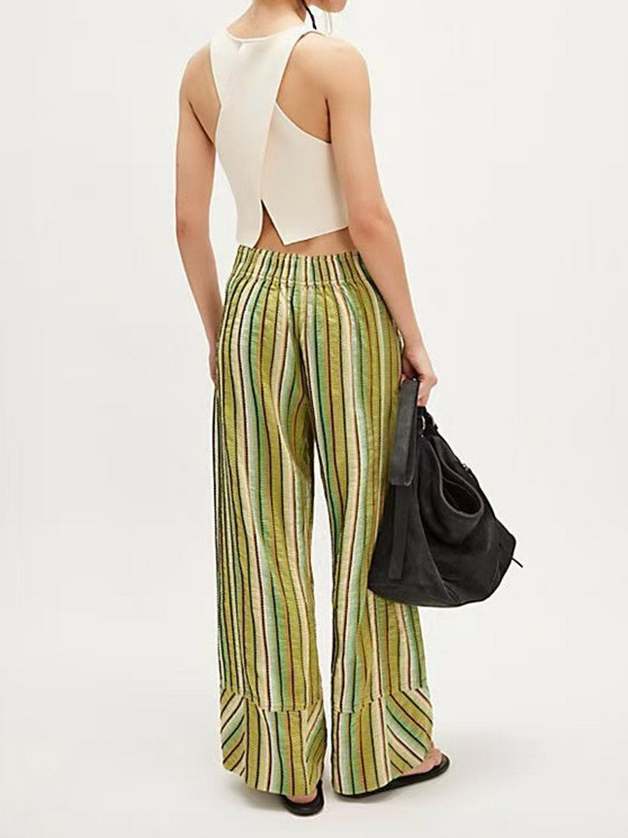 Pantalon imprimé rayé à taille élastique, taille haute, à empiècements, couleur contrastée