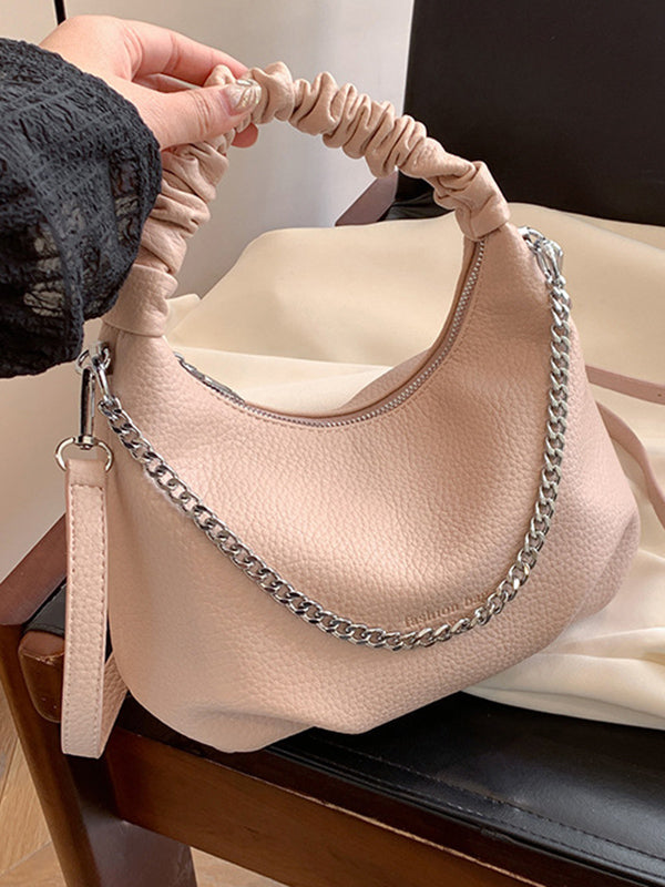 Sac à main plissé à chaîne, à fermeture éclair, couleur unie