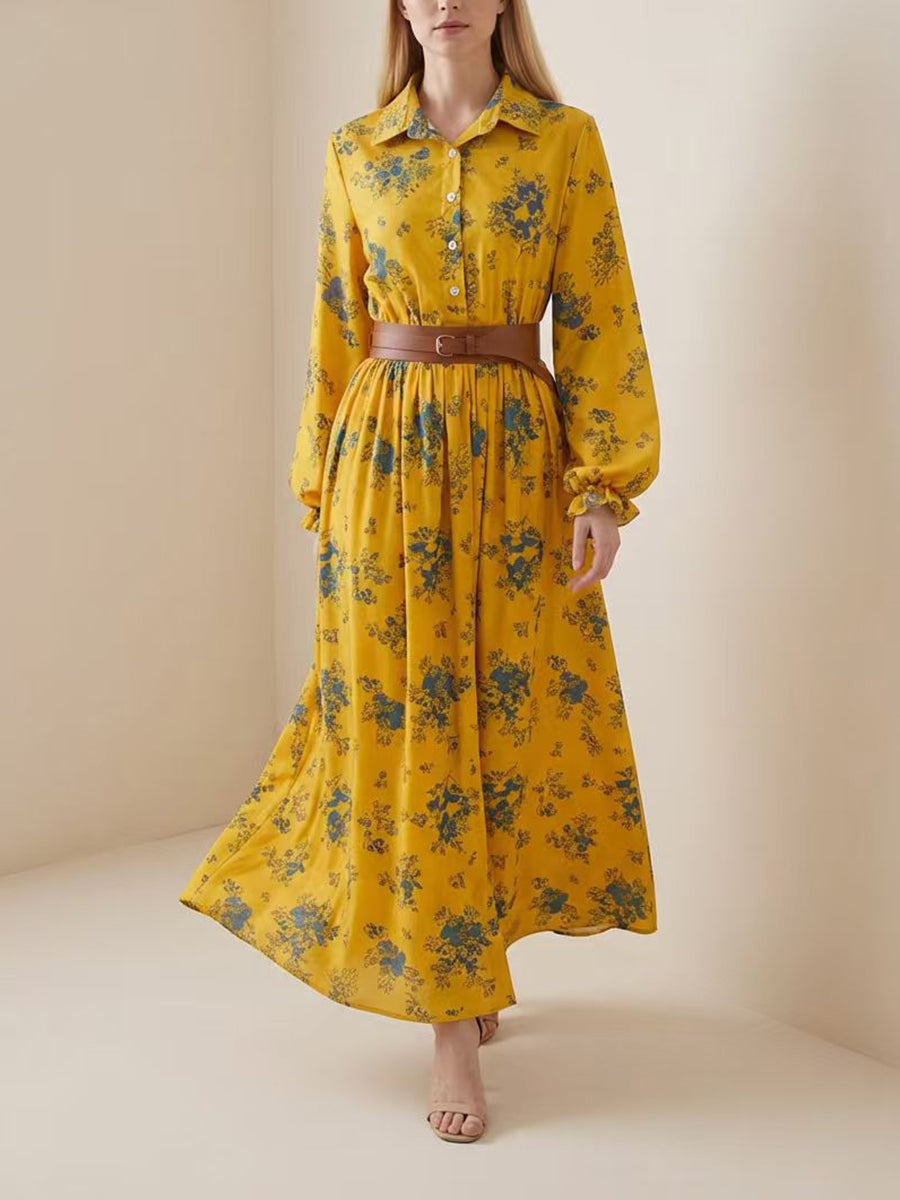 Robe chemise boutonnée plissée coupe trapèze, à taille élastique, avec ceinture, à imprimé floral, à empiècements, à col revers, couleur contrastée