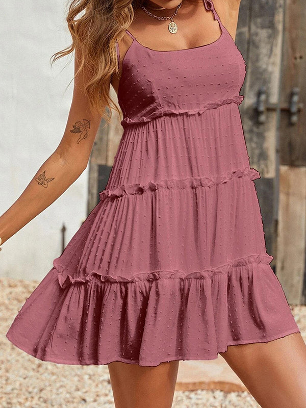 Robe courte ample superposée plissée coupe trapèze, en jacquard, à empiècements, à fines bretelles, couleur unie