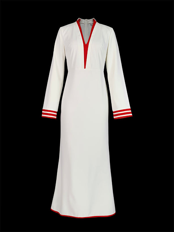 Robe longue moulante plissée à manches longues, à taille élastique, à empiècements, à décolleté en V profond, couleur contrastée