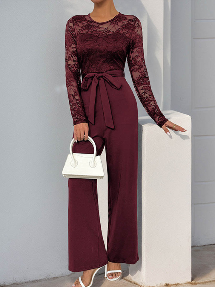 Combinaison transparente coupe droite, taille haute, à empiècements, à taille nouée, à col rond, couleur unie