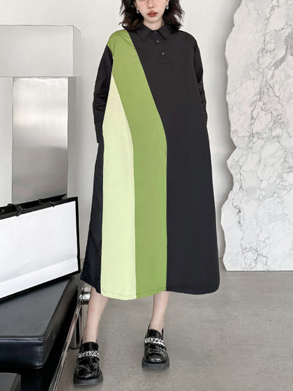 Robe chemise ample asymétrique boutonnée à manches longues, à empiècements, à col revers, couleur contrastée