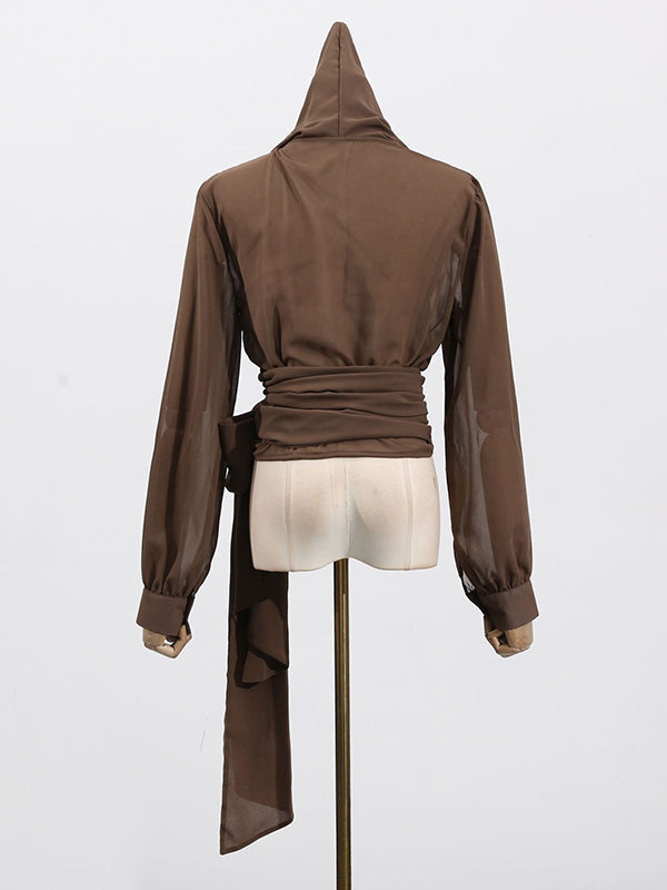 Chemisier ample plissé transparent à manches longues, à taille nouée, à capuche, couleur unie