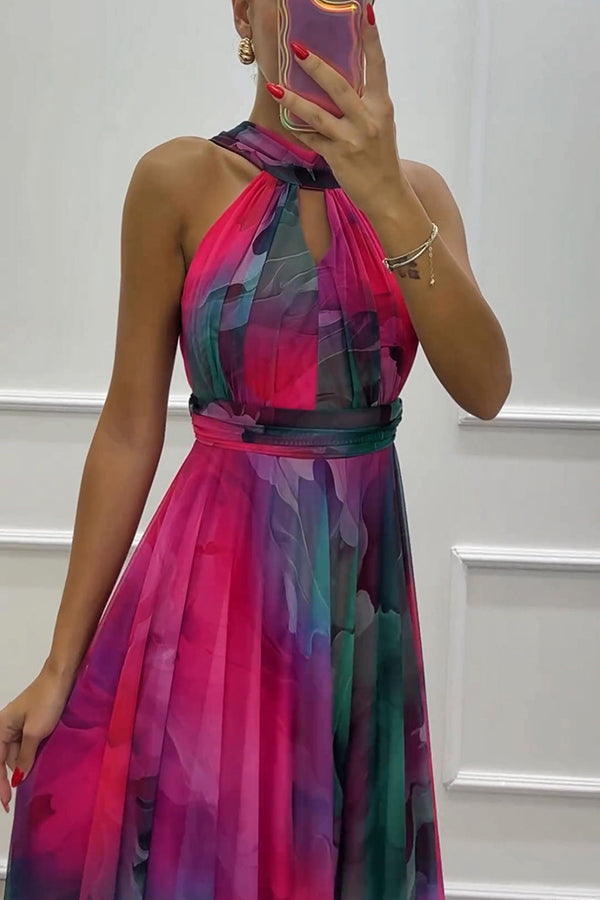 Elaine - Robe maxi en tulle avec imprimé floral, découpes et col halter