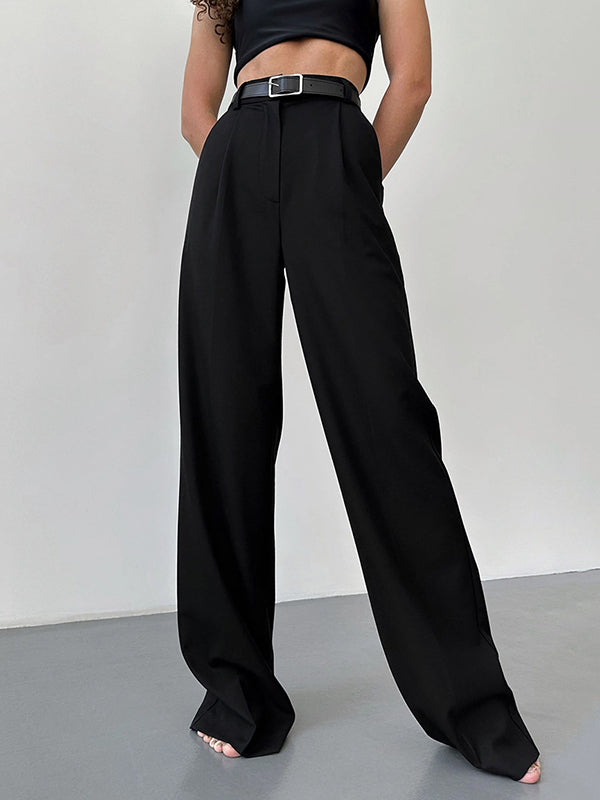Pantalon ample taille haute, sans ceinture, couleur unie