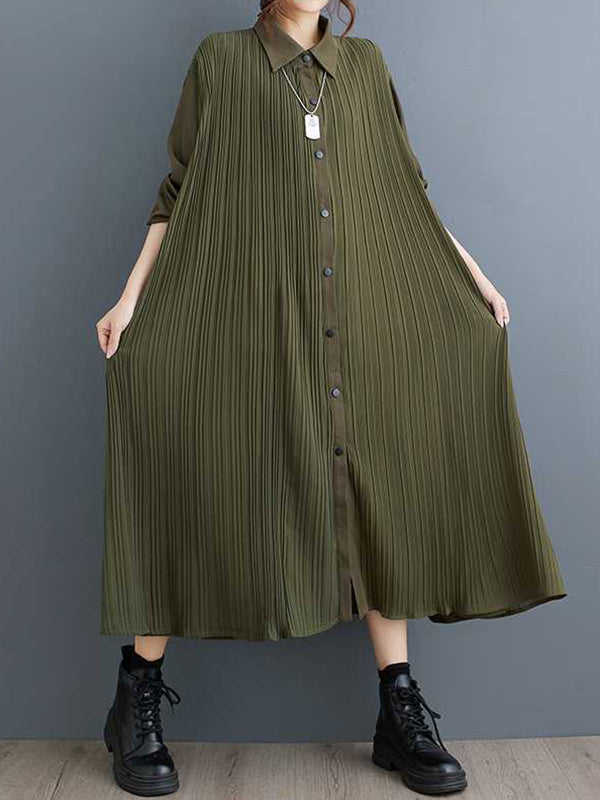 Robe chemise boutonnée plissée coupe trapèze, à manches longues, à poches, à empiècements, à col revers