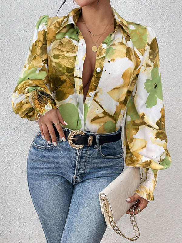 Chemisier ample boutonné plissé à manches longues, à taille élastique, à imprimé floral, à col revers