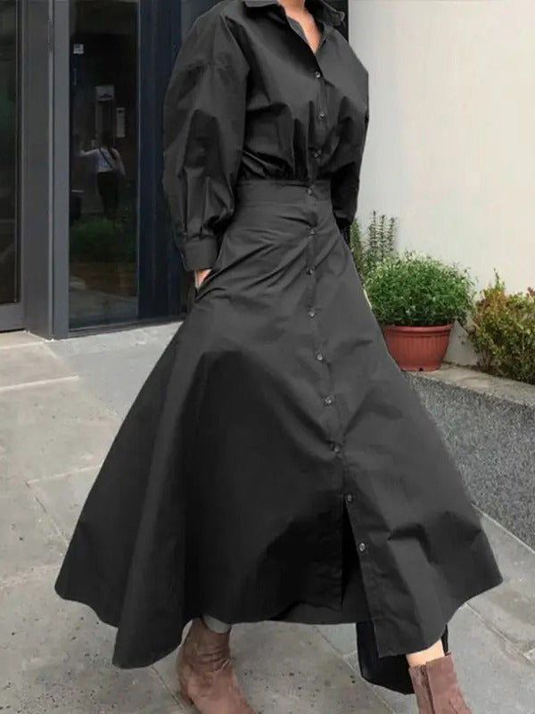 Robe chemise ample plissée à manches bouffantes, à empiècements, à col revers, couleur unie
