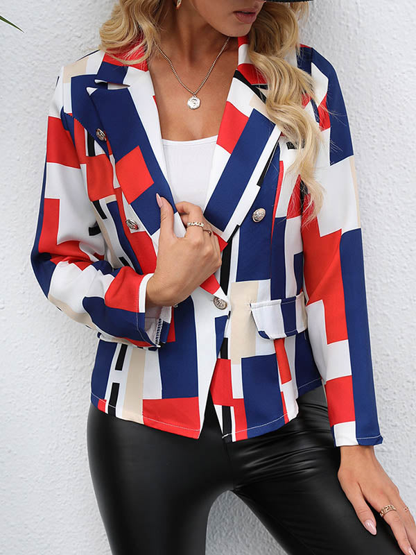 Blazer ample boutonné imprimé à manches longues, à poches, à col cranté