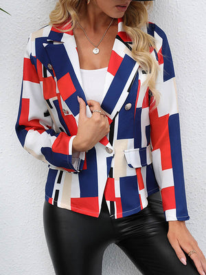 Blazer ample boutonné imprimé à manches longues, à poches, à col cranté