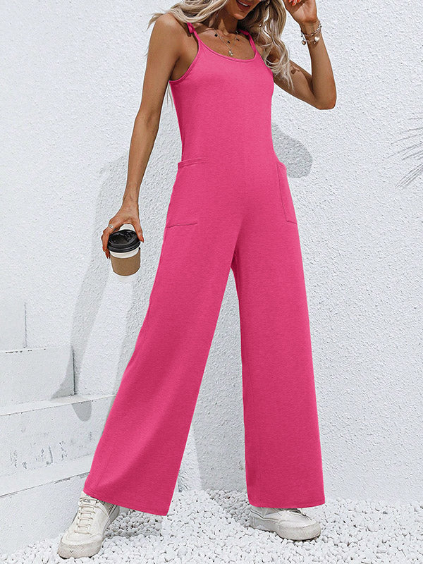 Combinaison nouée taille haute, sans manches, à poches, à fines bretelles, couleur unie