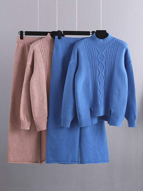 Ensemble deux pièces urbain ample, pull à demi-col roulé et pantalons à jambes larges