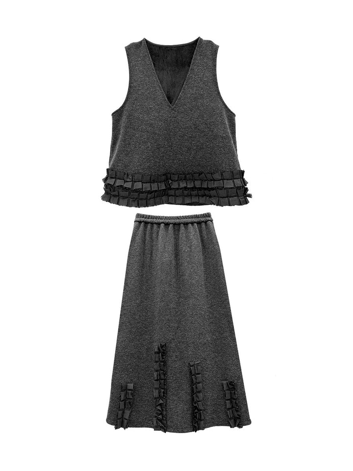 Ensemble deux pièces volanté plissé à empiècements, à col en V, à taille élastique, taille haute, couleur contrastée – débardeur + jupe
