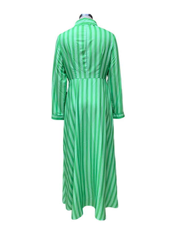 Robe longue élégante rayée à manches longues, à col revers