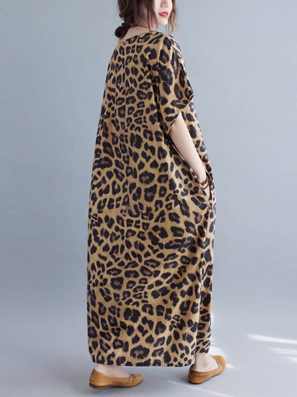 Robe longue ample à imprimé léopard, à col en V, à manches chauve-souris