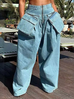 Jean ample plissé à jambes larges, à poches, à empiècements, à fermeture éclair