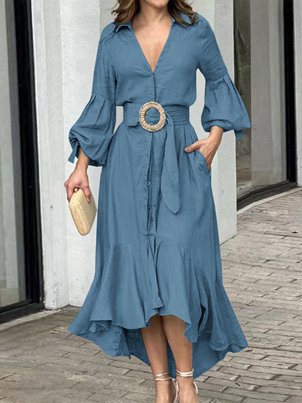 Robe longue plissée à ourlet plongeant, à manches bouffantes, à col revers, couleur unie