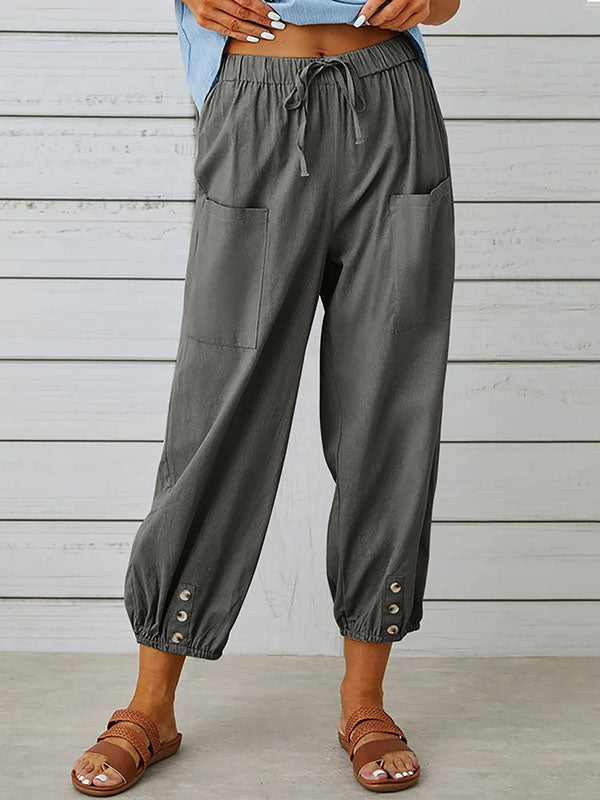 Pantalon ample boutonné taille haute, à cordon de serrage, à taille élastique, à poches, à empiècements