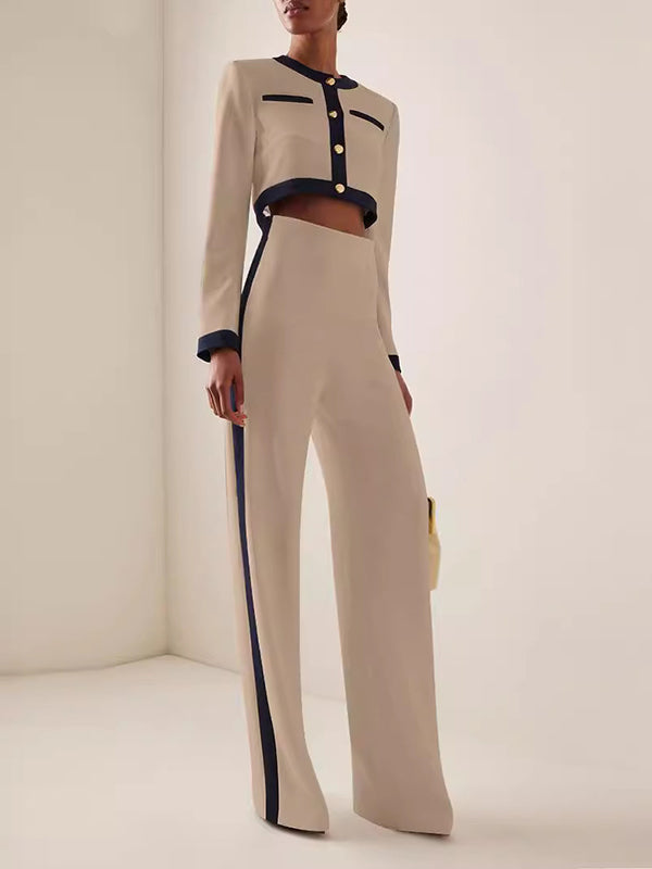 Ensemble deux pièces boutonné à manches longues, à empiècements, à col rond, taille haute – chemisier + pantalon