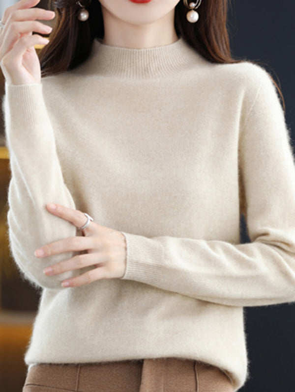 Pull de bureau à manches longues, couleur unie, col haut, pulls