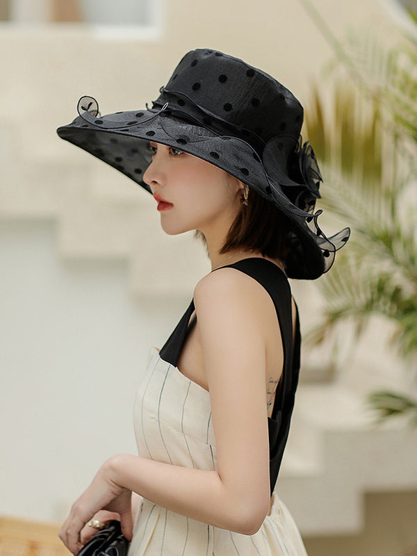 Chapeau de soleil transparent en forme de fleur, en gaze, à pois, à empiècements