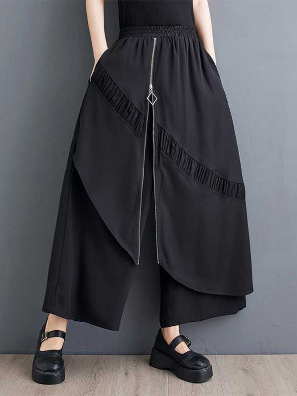 Pantalon jupe-culotte taille haute, ample, élastique, poches plissées, fermeture éclair, à empiècements