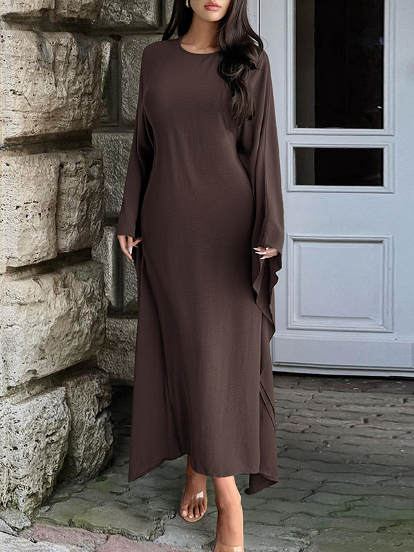 Robe longue à manches chauve-souris, à manches longues, à col rond, couleur unie