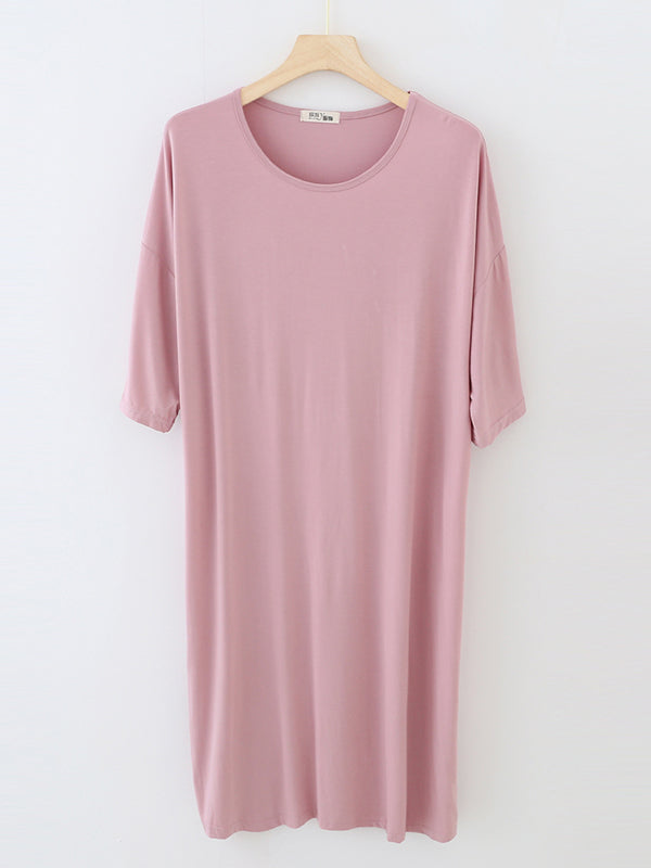 Robe de pyjama ample à taille haute, couleur unie, fendue, col rond