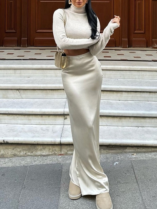 Jupe taille haute, à taille élastique, à empiècements, couleur unie