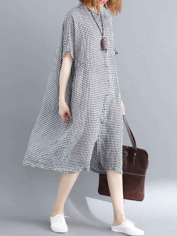Robe mi-longue artistique ample boutonnée rétro, à empiècements, à carreaux, à col montant, à manches mi-longues