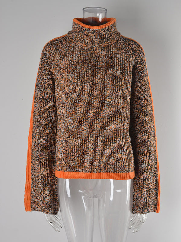 Pull décontracté à manches longues, ample, couleur contrastée, demi-col roulé