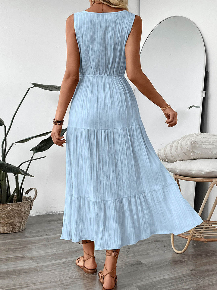 Robe longue boutonnée plissée coupe trapèze, taille haute, à taille nouée, à col en V, couleur unie