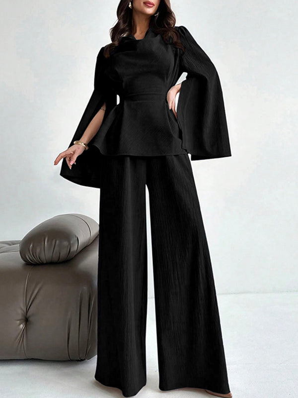 Pantalon ample taille haute, à empiècements, couleur unie