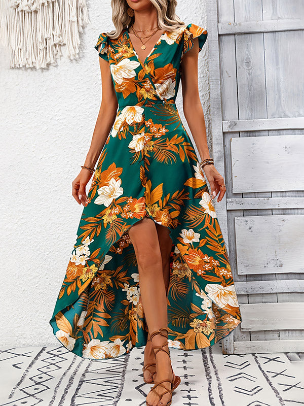 Robe longue ample à ourlet plongeant, à imprimé floral, à empiècements, à col en V
