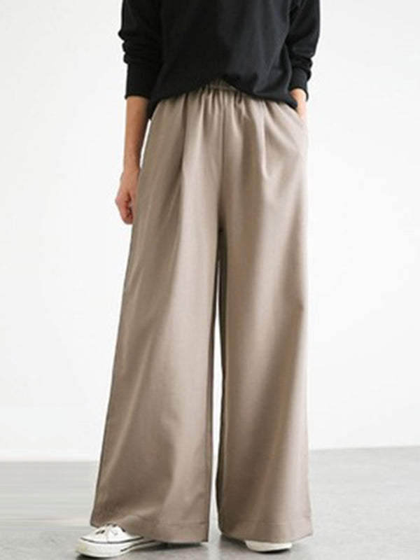 Pantalon taille haute à jambes larges, élastique, couleur unie, à empiècements, large côté