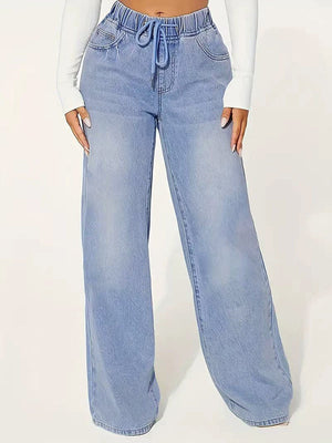 Jean ample taille haute, à cordon de serrage, à taille élastique, à empiècements