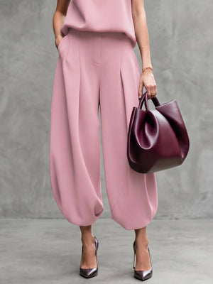 Pantalon court plissé taille haute, à poches, couleur unie