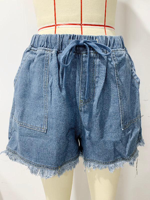Short décontracté à cordon de serrage, taille haute, en jean, à franges