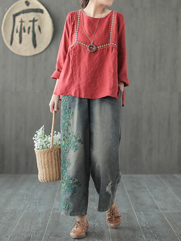 Pantalon en jean colonne à jambe large brodé Original