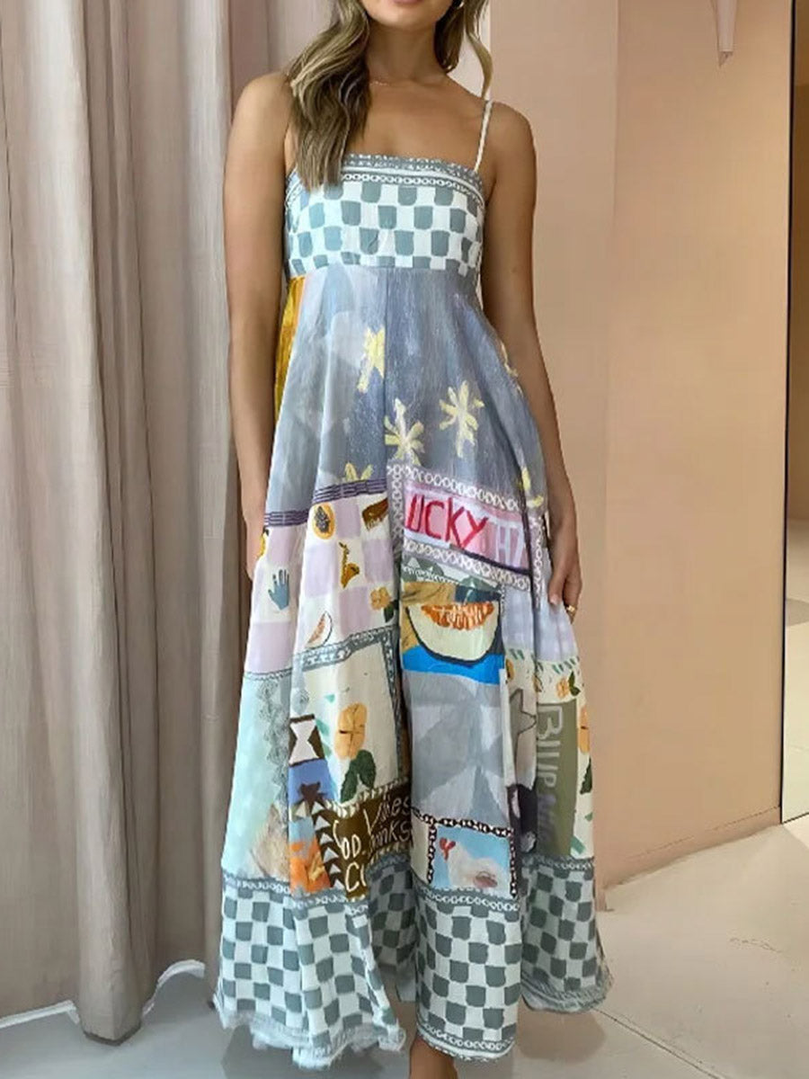 Robe mi-longue plissée imprimée coupe trapèze, taille haute, à empiècements, à fines bretelles, couleur contrastée