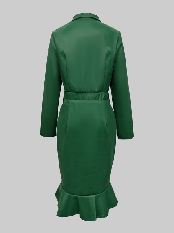 Robe mi-longue moulante boutonnée à manches longues, à taille élastique, à bordure volantée, à empiècements, à col revers, couleur unie