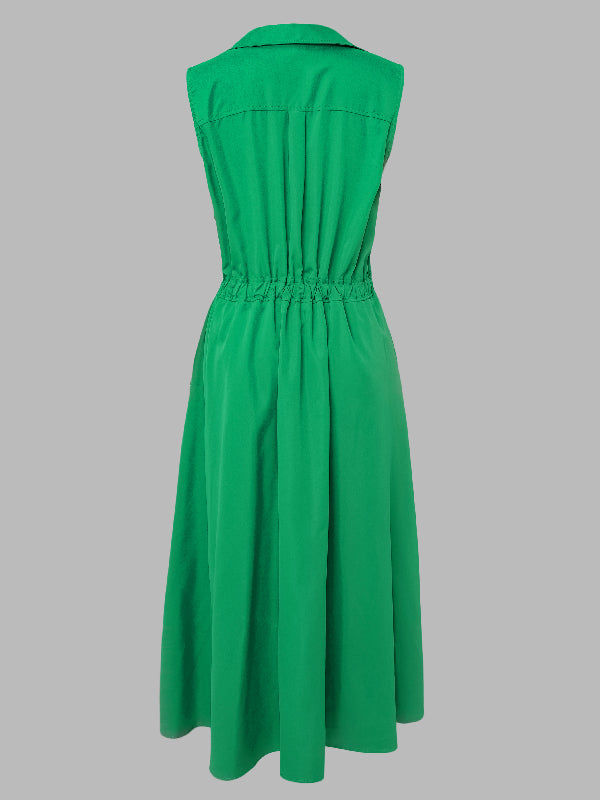 Robe mi-longue sans manches, à col revers, couleur unie