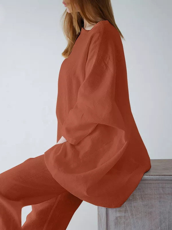 Ensemble deux pièces décontracté ample à manches longues, couleur unie – t-shirt + pantalon